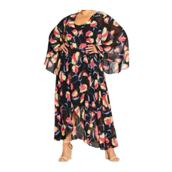 City Chic Black Floral Hi-Low Maxi Dress 18 Flowy Boho Romantic Flounce - Picture 1 of 10